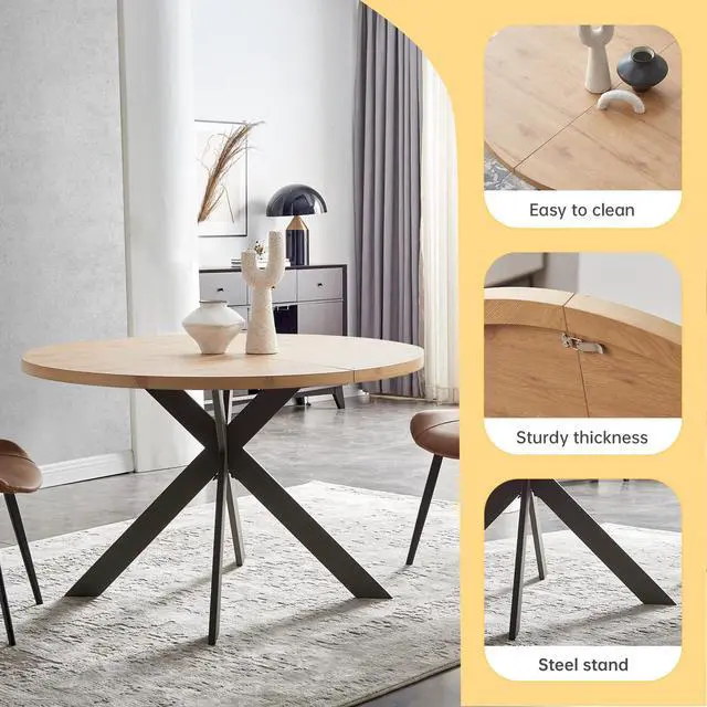 Alt view image 3 of 6 - 46.4" Round Dining Table Set, Mid Century Modern Round Dining Table for 4-6 Person, Steel Legs, Leisure Coffee Table for Kitchen Dining Room, Save Space