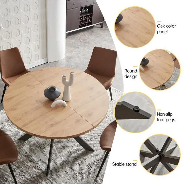 Alt view image 4 of 6 - 46.4" Round Dining Table Set, Mid Century Modern Round Dining Table for 4-6 Person, Steel Legs, Leisure Coffee Table for Kitchen Dining Room, Save Space