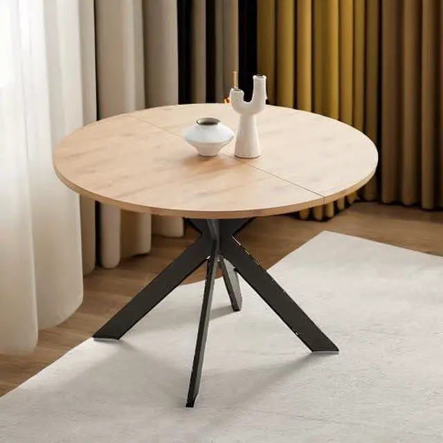 Alt view image 5 of 6 - 46.4" Round Dining Table Set, Mid Century Modern Round Dining Table for 4-6 Person, Steel Legs, Leisure Coffee Table for Kitchen Dining Room, Save Space