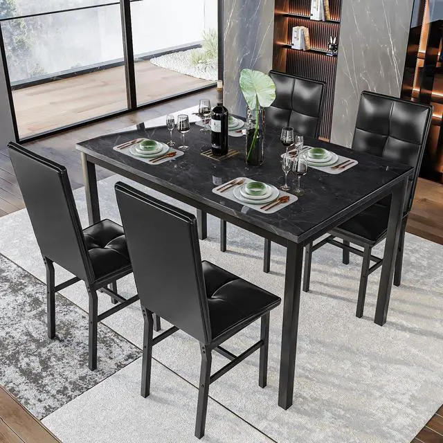 Alt view image 2 of 6 - Dining Table Set for 4, Faux Marble Small Kitchen Table with 4 PU Leather Chairs, Modern 5 Piece Dinner Table Set for Dining Room, Breakfast Nook, Samll Space, Black