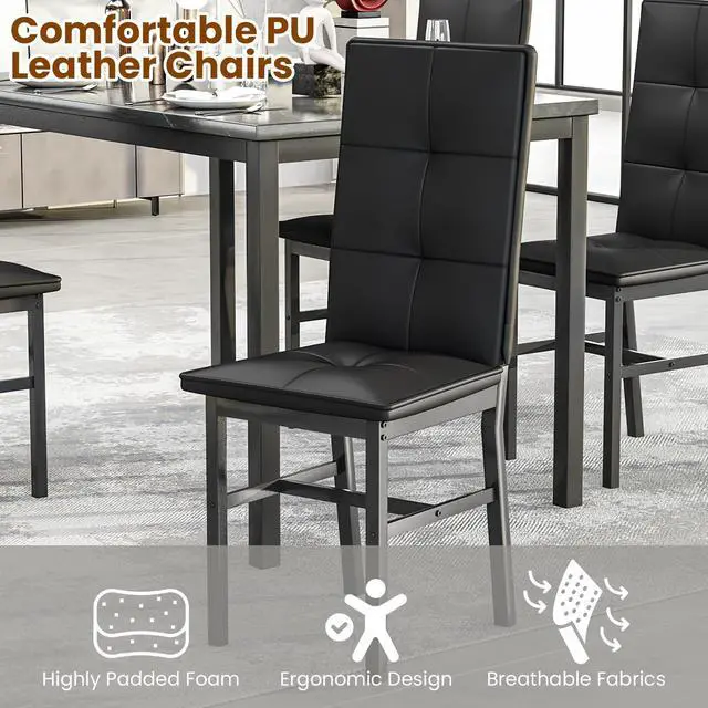 Alt view image 3 of 6 - Dining Table Set for 4, Faux Marble Small Kitchen Table with 4 PU Leather Chairs, Modern 5 Piece Dinner Table Set for Dining Room, Breakfast Nook, Samll Space, Black