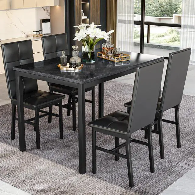 Alt view image 4 of 6 - Dining Table Set for 4, Faux Marble Small Kitchen Table with 4 PU Leather Chairs, Modern 5 Piece Dinner Table Set for Dining Room, Breakfast Nook, Samll Space, Black