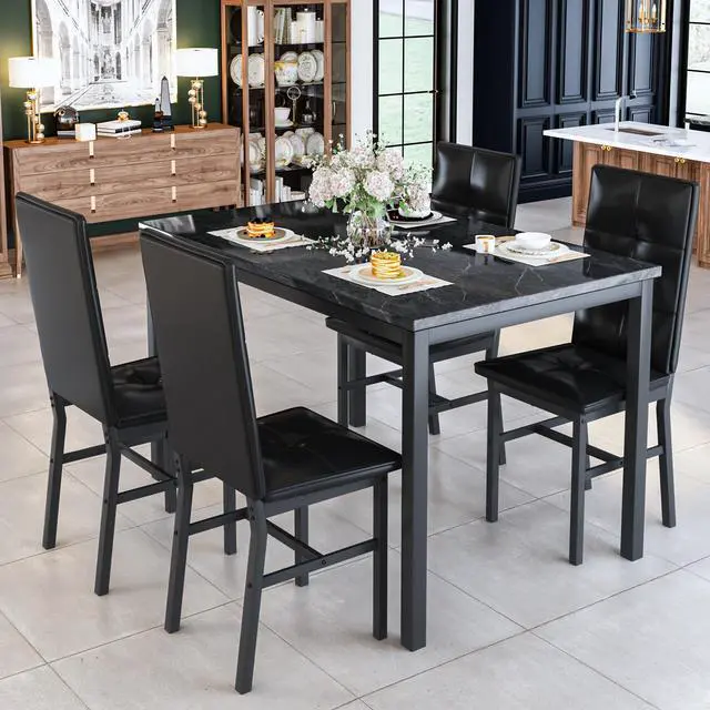 Alt view image 5 of 6 - Dining Table Set for 4, Faux Marble Small Kitchen Table with 4 PU Leather Chairs, Modern 5 Piece Dinner Table Set for Dining Room, Breakfast Nook, Samll Space, Black
