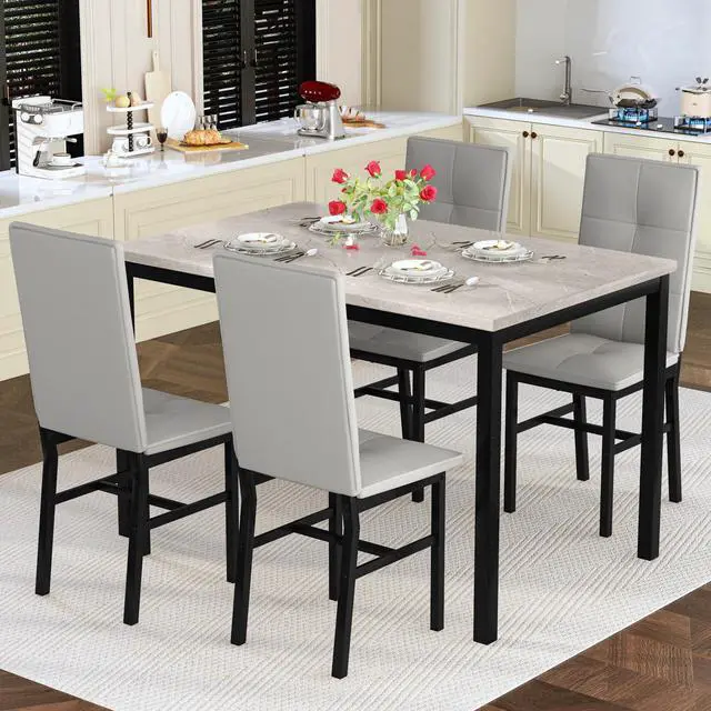 Main image of Dining Table Set for 4, Faux Marble Small Kitchen Table with 4 PU Leather Chairs, Modern 5 Piece Dinner Table Set for Dining Room, Breakfast Nook, Samll Space, Grey
