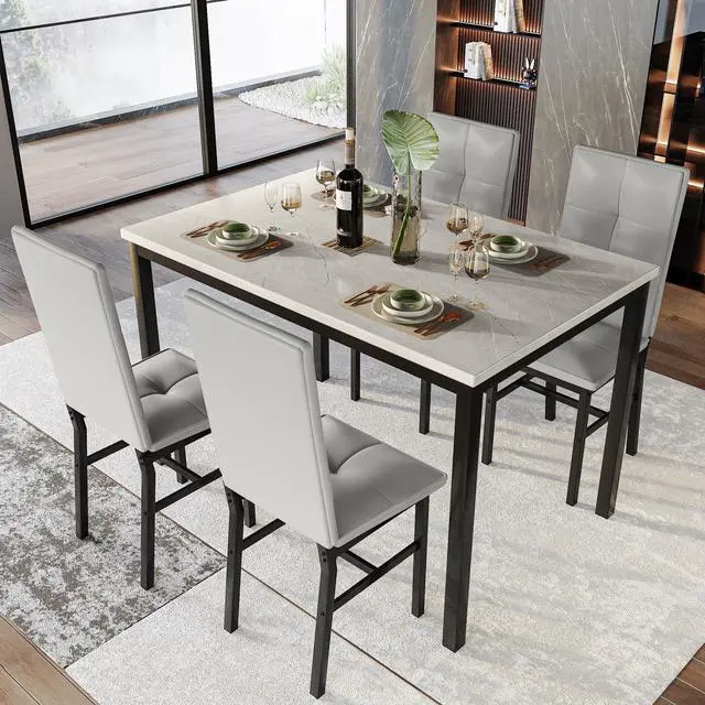 Alt view image 2 of 6 - Dining Table Set for 4, Faux Marble Small Kitchen Table with 4 PU Leather Chairs, Modern 5 Piece Dinner Table Set for Dining Room, Breakfast Nook, Samll Space, Grey