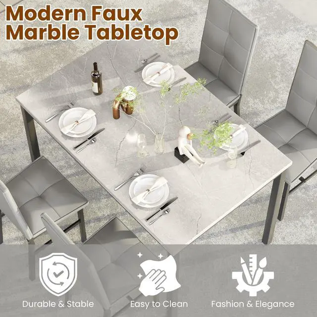 Alt view image 3 of 6 - Dining Table Set for 4, Faux Marble Small Kitchen Table with 4 PU Leather Chairs, Modern 5 Piece Dinner Table Set for Dining Room, Breakfast Nook, Samll Space, Grey