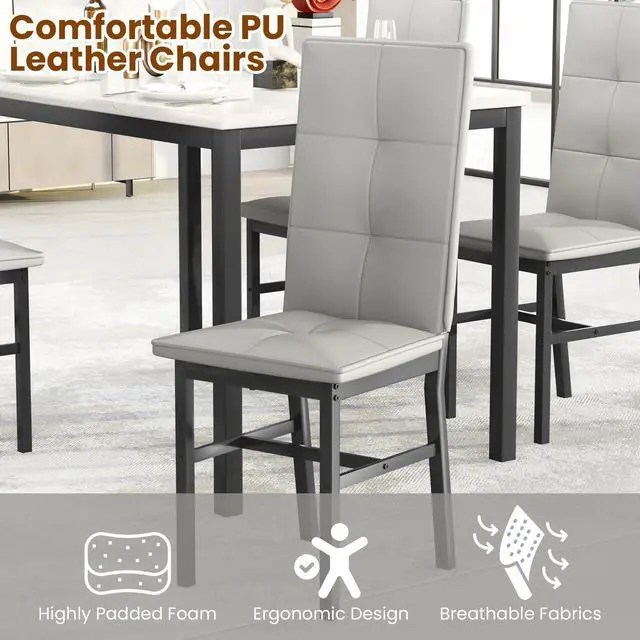 Alt view image 4 of 6 - Dining Table Set for 4, Faux Marble Small Kitchen Table with 4 PU Leather Chairs, Modern 5 Piece Dinner Table Set for Dining Room, Breakfast Nook, Samll Space, Grey