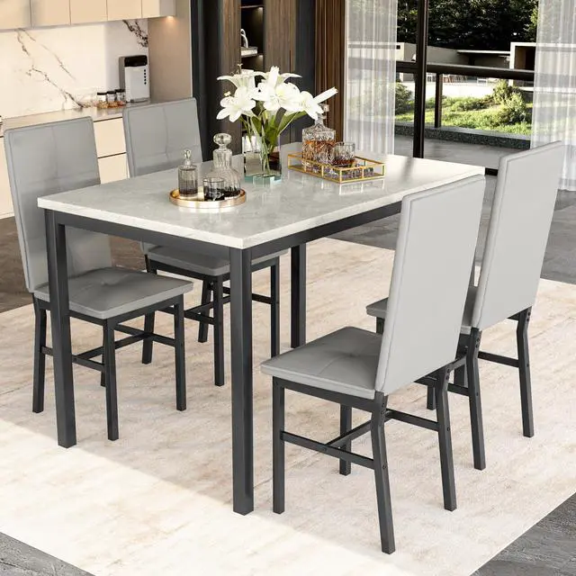 Alt view image 5 of 6 - Dining Table Set for 4, Faux Marble Small Kitchen Table with 4 PU Leather Chairs, Modern 5 Piece Dinner Table Set for Dining Room, Breakfast Nook, Samll Space, Grey