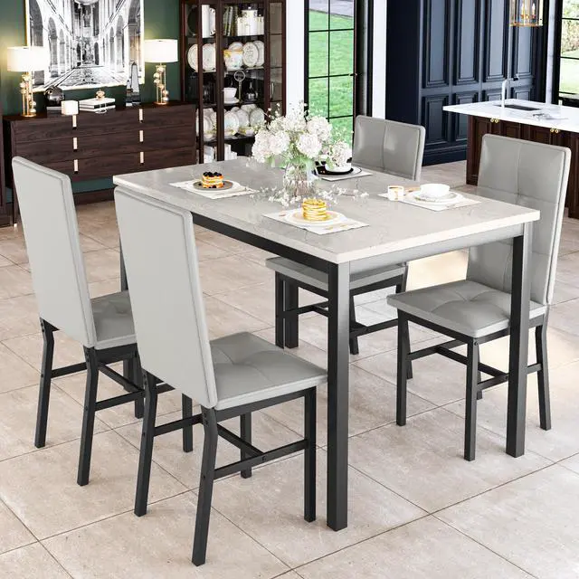 Alt view image 6 of 6 - Dining Table Set for 4, Faux Marble Small Kitchen Table with 4 PU Leather Chairs, Modern 5 Piece Dinner Table Set for Dining Room, Breakfast Nook, Samll Space, Grey