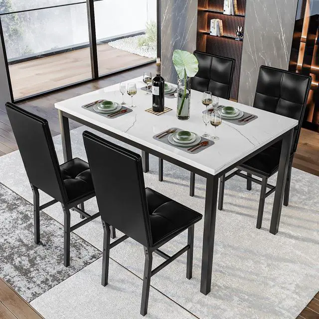 Alt view image 2 of 6 - Dining Table Set for 4, Faux Marble Small Kitchen Table with 4 PU Leather Chairs, Modern 5 Piece Dinner Table Set for Dining Room, Breakfast Nook, Samll Space, White & Black