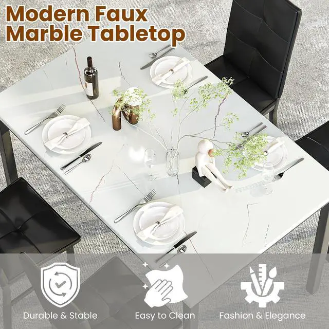 Alt view image 3 of 6 - Dining Table Set for 4, Faux Marble Small Kitchen Table with 4 PU Leather Chairs, Modern 5 Piece Dinner Table Set for Dining Room, Breakfast Nook, Samll Space, White & Black