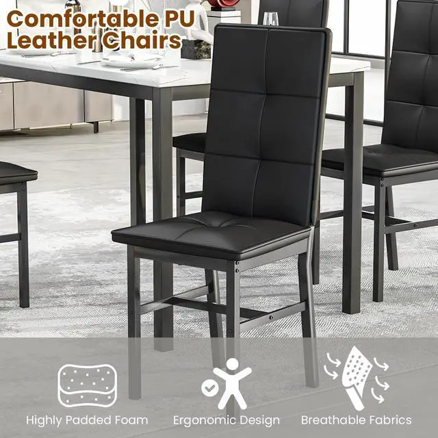Alt view image 4 of 6 - Dining Table Set for 4, Faux Marble Small Kitchen Table with 4 PU Leather Chairs, Modern 5 Piece Dinner Table Set for Dining Room, Breakfast Nook, Samll Space, White & Black