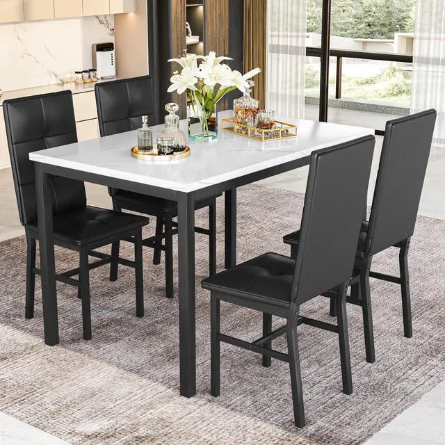Alt view image 5 of 6 - Dining Table Set for 4, Faux Marble Small Kitchen Table with 4 PU Leather Chairs, Modern 5 Piece Dinner Table Set for Dining Room, Breakfast Nook, Samll Space, White & Black