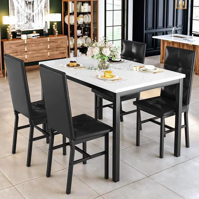 Alt view image 6 of 6 - Dining Table Set for 4, Faux Marble Small Kitchen Table with 4 PU Leather Chairs, Modern 5 Piece Dinner Table Set for Dining Room, Breakfast Nook, Samll Space, White & Black