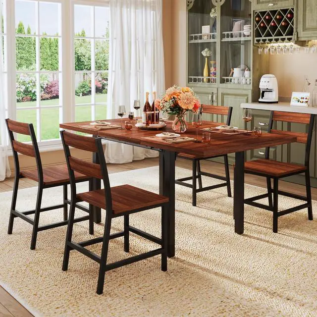 Main image of Dining Table Set for 4, Extendable Kitchen Table Set and 4 Chairs, Curved Backrest, Dining Room Table with MDF Board & Metal Frame, for Small Apartment Saving Space, Easy Assembly, Walnut