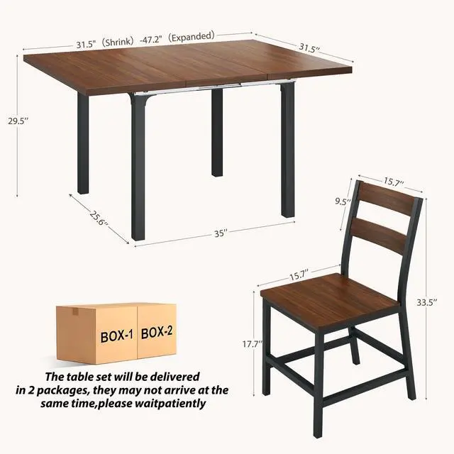 Alt view image 2 of 6 - Dining Table Set for 4, Extendable Kitchen Table Set and 4 Chairs, Curved Backrest, Dining Room Table with MDF Board & Metal Frame, for Small Apartment Saving Space, Easy Assembly, Walnut