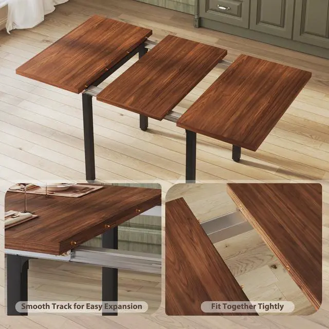 Alt view image 3 of 6 - Dining Table Set for 4, Extendable Kitchen Table Set and 4 Chairs, Curved Backrest, Dining Room Table with MDF Board & Metal Frame, for Small Apartment Saving Space, Easy Assembly, Walnut