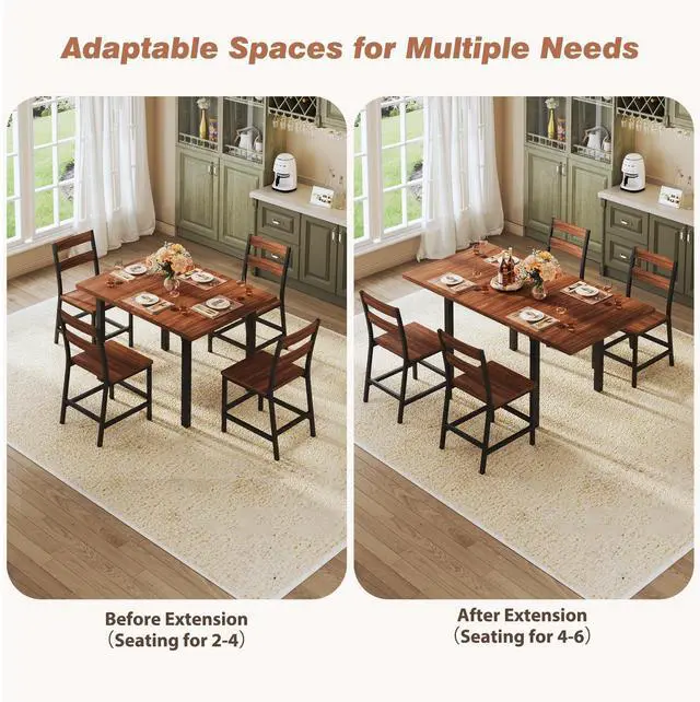 Alt view image 5 of 6 - Dining Table Set for 4, Extendable Kitchen Table Set and 4 Chairs, Curved Backrest, Dining Room Table with MDF Board & Metal Frame, for Small Apartment Saving Space, Easy Assembly, Walnut
