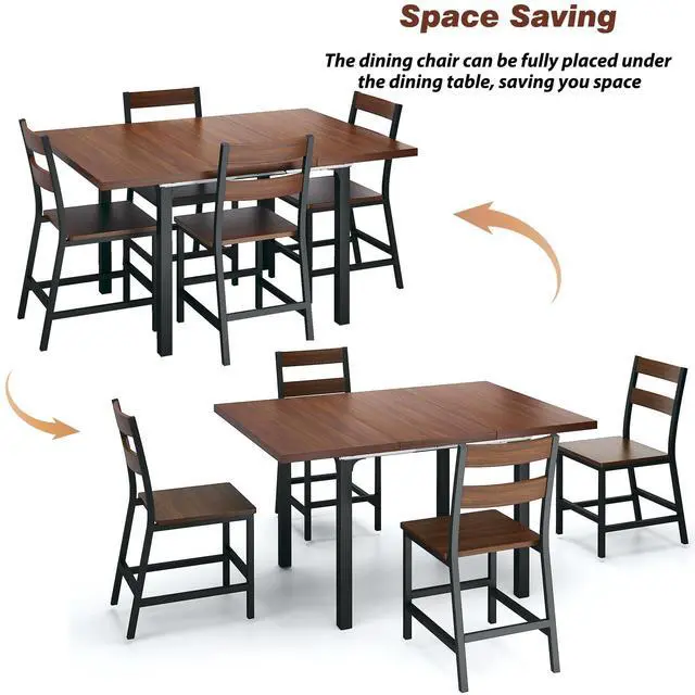 Alt view image 6 of 6 - Dining Table Set for 4, Extendable Kitchen Table Set and 4 Chairs, Curved Backrest, Dining Room Table with MDF Board & Metal Frame, for Small Apartment Saving Space, Easy Assembly, Walnut