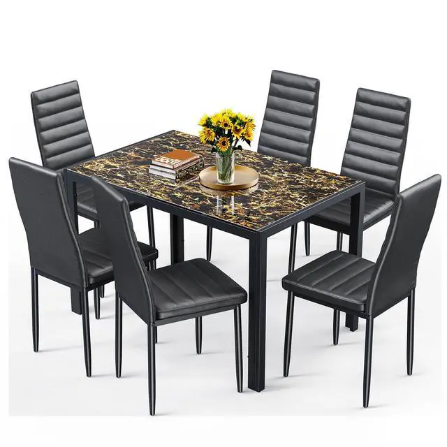 Alt view image 2 of 6 - Kitchen Dining Table Set for 6, Tempered Glass 7 Piece Table and Chairs Set Modern for Home, Kitchen, Living Room, Dining Room, Marble