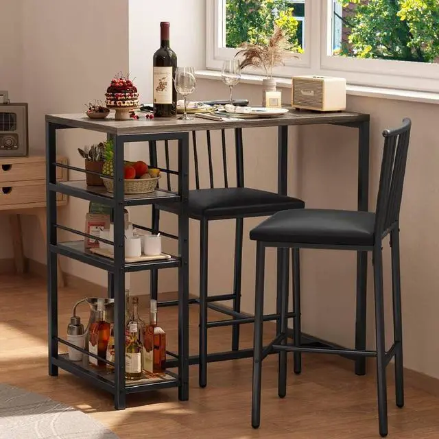 Main image of Dining Table Set for 2 with 3 Storage Shelves, Kitchen Table and Chairs for 2 with Pu Cushion Chairs & Thick Wood Top, 3 Piece Dining Table Set for Small Space, Apartment - Grey
