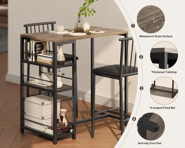 Alt view image 3 of 6 - Dining Table Set for 2 with 3 Storage Shelves, Kitchen Table and Chairs for 2 with Pu Cushion Chairs & Thick Wood Top, 3 Piece Dining Table Set for Small Space, Apartment - Grey