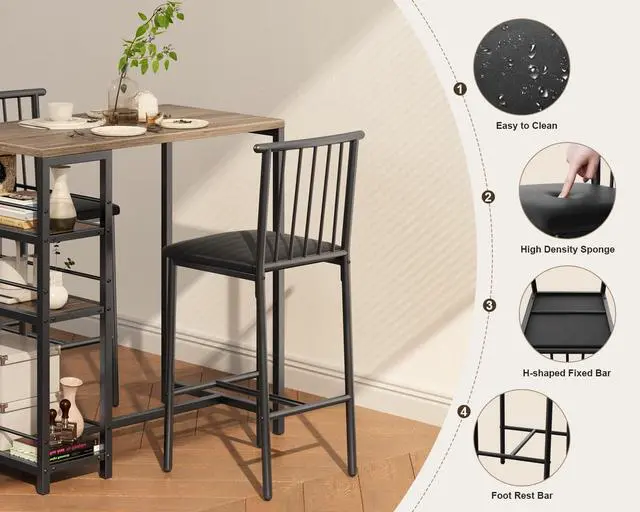 Alt view image 4 of 6 - Dining Table Set for 2 with 3 Storage Shelves, Kitchen Table and Chairs for 2 with Pu Cushion Chairs & Thick Wood Top, 3 Piece Dining Table Set for Small Space, Apartment - Grey