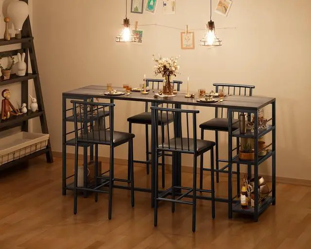 Alt view image 5 of 6 - Dining Table Set for 2 with 3 Storage Shelves, Kitchen Table and Chairs for 2 with Pu Cushion Chairs & Thick Wood Top, 3 Piece Dining Table Set for Small Space, Apartment - Grey