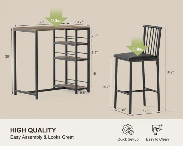 Alt view image 6 of 6 - Dining Table Set for 2 with 3 Storage Shelves, Kitchen Table and Chairs for 2 with Pu Cushion Chairs & Thick Wood Top, 3 Piece Dining Table Set for Small Space, Apartment - Grey