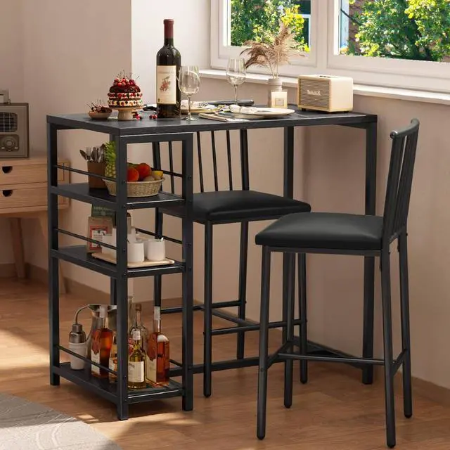 Main image of Dining Table Set for 2 with 3 Storage Shelves, Kitchen Table and Chairs for 2 with Pu Cushion Chairs & Thick Wood Top, 3 Piece Dining Table Set for Small Space, Apartment - Black