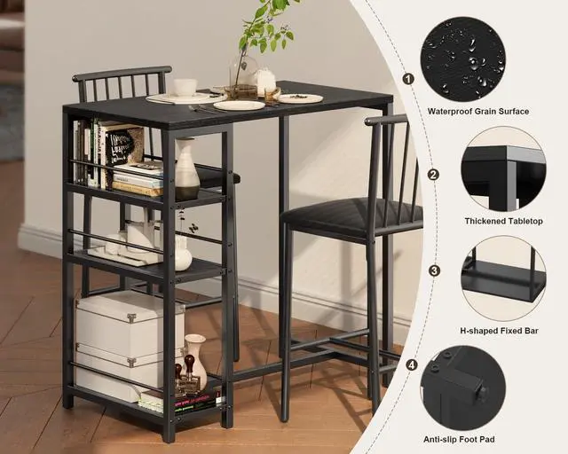 Alt view image 3 of 6 - Dining Table Set for 2 with 3 Storage Shelves, Kitchen Table and Chairs for 2 with Pu Cushion Chairs & Thick Wood Top, 3 Piece Dining Table Set for Small Space, Apartment - Black