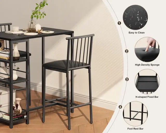 Alt view image 4 of 6 - Dining Table Set for 2 with 3 Storage Shelves, Kitchen Table and Chairs for 2 with Pu Cushion Chairs & Thick Wood Top, 3 Piece Dining Table Set for Small Space, Apartment - Black