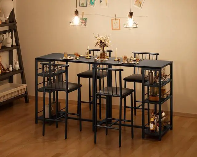 Alt view image 5 of 6 - Dining Table Set for 2 with 3 Storage Shelves, Kitchen Table and Chairs for 2 with Pu Cushion Chairs & Thick Wood Top, 3 Piece Dining Table Set for Small Space, Apartment - Black