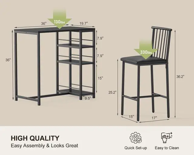 Alt view image 6 of 6 - Dining Table Set for 2 with 3 Storage Shelves, Kitchen Table and Chairs for 2 with Pu Cushion Chairs & Thick Wood Top, 3 Piece Dining Table Set for Small Space, Apartment - Black