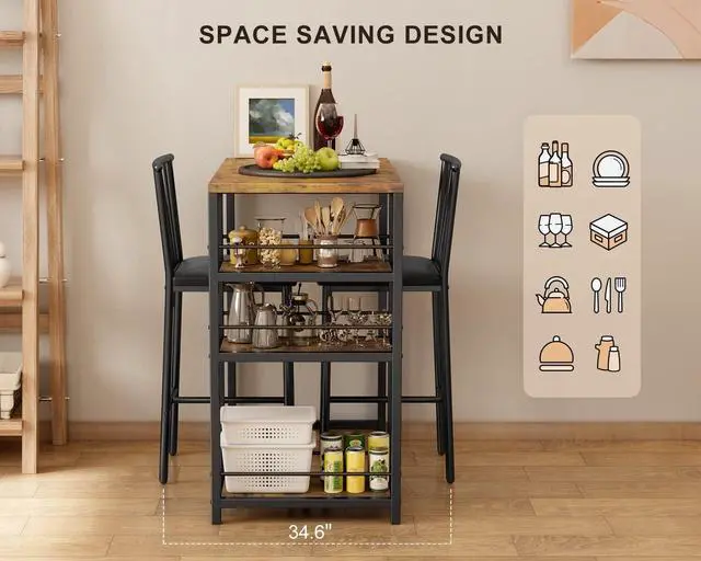 Alt view image 2 of 6 - Dining Table Set for 2 with 3 Storage Shelves, Kitchen Table and Chairs for 2 with Pu Cushion Chairs & Thick Wood Top, 3 Piece Dining Table Set for Small Space, Apartment - Retro