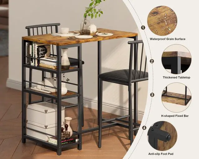 Alt view image 3 of 6 - Dining Table Set for 2 with 3 Storage Shelves, Kitchen Table and Chairs for 2 with Pu Cushion Chairs & Thick Wood Top, 3 Piece Dining Table Set for Small Space, Apartment - Retro