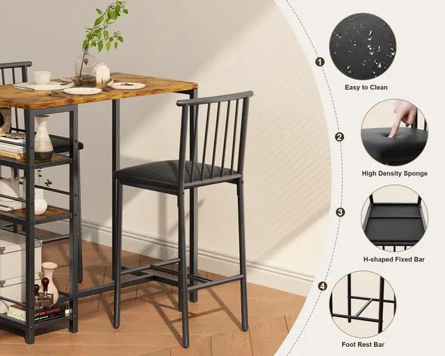 Alt view image 4 of 6 - Dining Table Set for 2 with 3 Storage Shelves, Kitchen Table and Chairs for 2 with Pu Cushion Chairs & Thick Wood Top, 3 Piece Dining Table Set for Small Space, Apartment - Retro