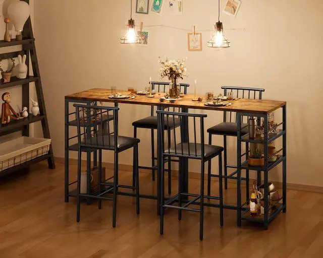 Alt view image 5 of 6 - Dining Table Set for 2 with 3 Storage Shelves, Kitchen Table and Chairs for 2 with Pu Cushion Chairs & Thick Wood Top, 3 Piece Dining Table Set for Small Space, Apartment - Retro