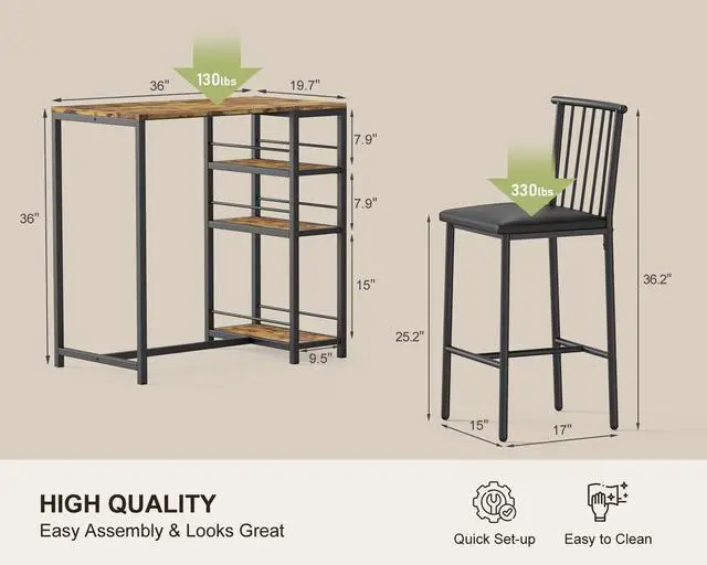 Alt view image 6 of 6 - Dining Table Set for 2 with 3 Storage Shelves, Kitchen Table and Chairs for 2 with Pu Cushion Chairs & Thick Wood Top, 3 Piece Dining Table Set for Small Space, Apartment - Retro