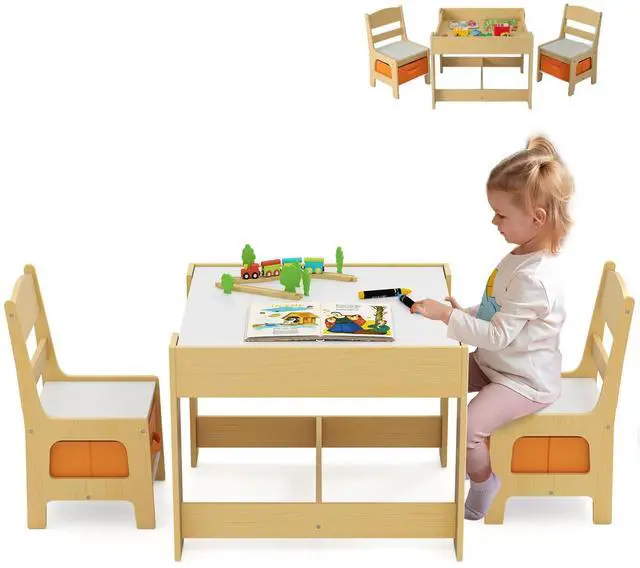 Main image of Kids Table and Chairs, 3 in 1 Activity Table with Storage Drawer, Writable Blackboard, Detachable Tabletop, Wooden Toddler Table and Chair Set for Drawing, Reading, Writing, Playroom (Natural)