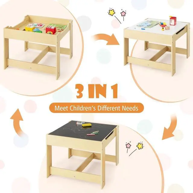 Alt view image 2 of 6 - Kids Table and Chairs, 3 in 1 Activity Table with Storage Drawer, Writable Blackboard, Detachable Tabletop, Wooden Toddler Table and Chair Set for Drawing, Reading, Writing, Playroom (Natural)