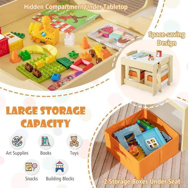 Alt view image 3 of 6 - Kids Table and Chairs, 3 in 1 Activity Table with Storage Drawer, Writable Blackboard, Detachable Tabletop, Wooden Toddler Table and Chair Set for Drawing, Reading, Writing, Playroom (Natural)