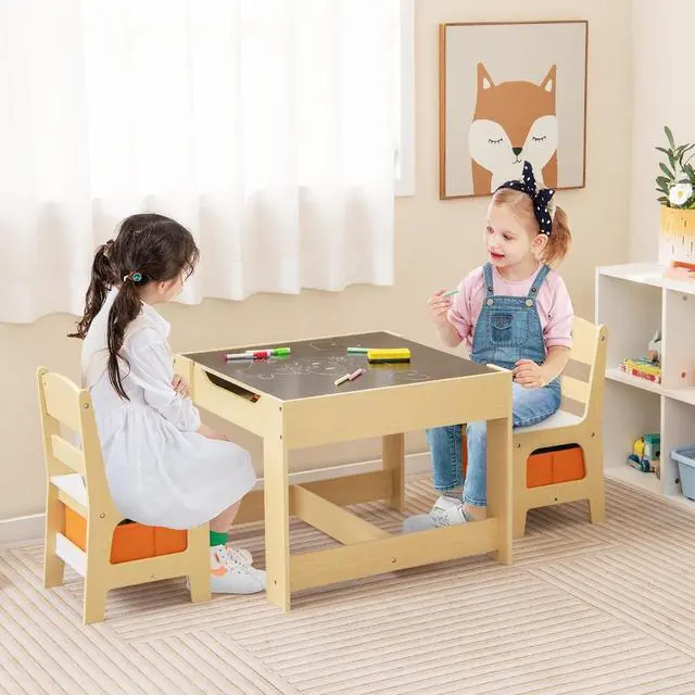 Alt view image 6 of 6 - Kids Table and Chairs, 3 in 1 Activity Table with Storage Drawer, Writable Blackboard, Detachable Tabletop, Wooden Toddler Table and Chair Set for Drawing, Reading, Writing, Playroom (Natural)