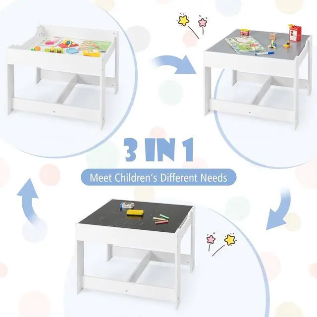 Alt view image 2 of 6 - Kids Table and Chairs, 3 in 1 Activity Table with Storage Drawer, Writable Blackboard, Detachable Tabletop, Wooden Toddler Table and Chair Set for Drawing, Reading, Writing, Playroom (Grey)
