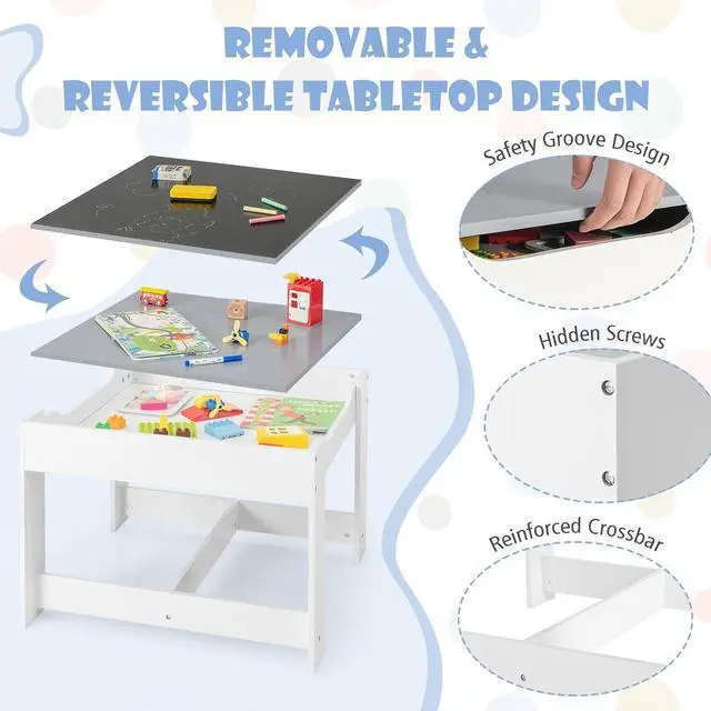 Alt view image 4 of 6 - Kids Table and Chairs, 3 in 1 Activity Table with Storage Drawer, Writable Blackboard, Detachable Tabletop, Wooden Toddler Table and Chair Set for Drawing, Reading, Writing, Playroom (Grey)