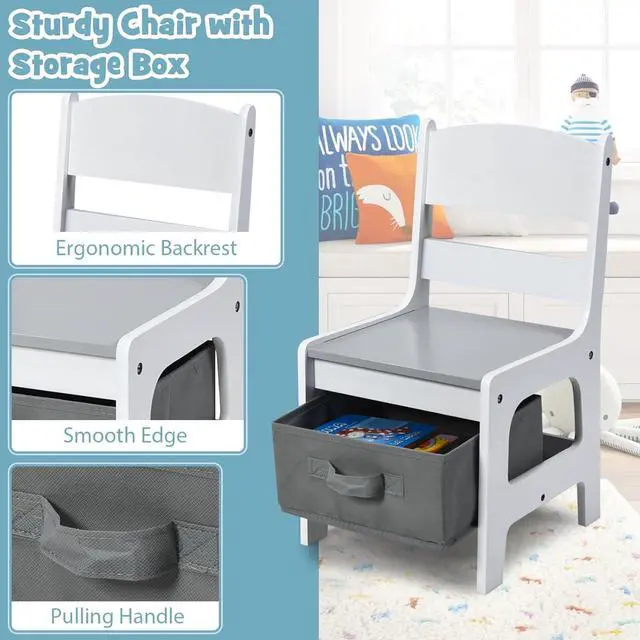 Alt view image 5 of 6 - Kids Table and Chairs, 3 in 1 Activity Table with Storage Drawer, Writable Blackboard, Detachable Tabletop, Wooden Toddler Table and Chair Set for Drawing, Reading, Writing, Playroom (Grey)