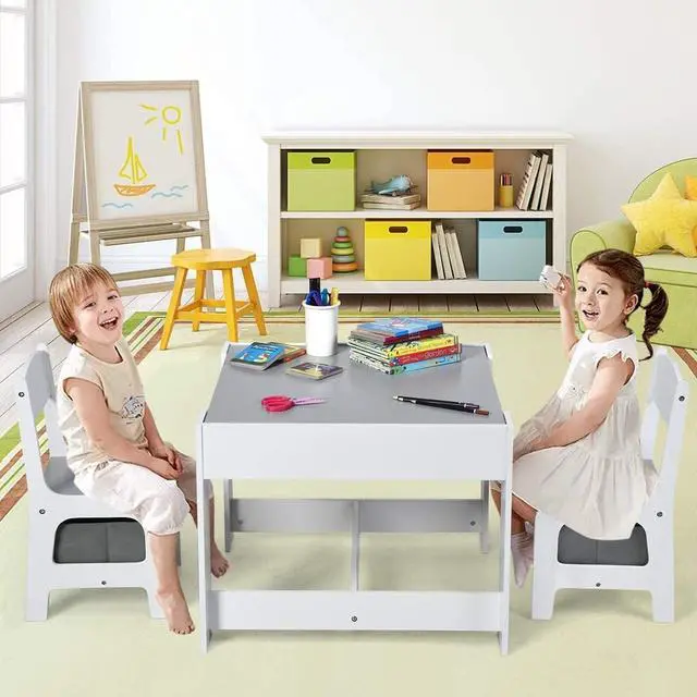 Alt view image 6 of 6 - Kids Table and Chairs, 3 in 1 Activity Table with Storage Drawer, Writable Blackboard, Detachable Tabletop, Wooden Toddler Table and Chair Set for Drawing, Reading, Writing, Playroom (Grey)