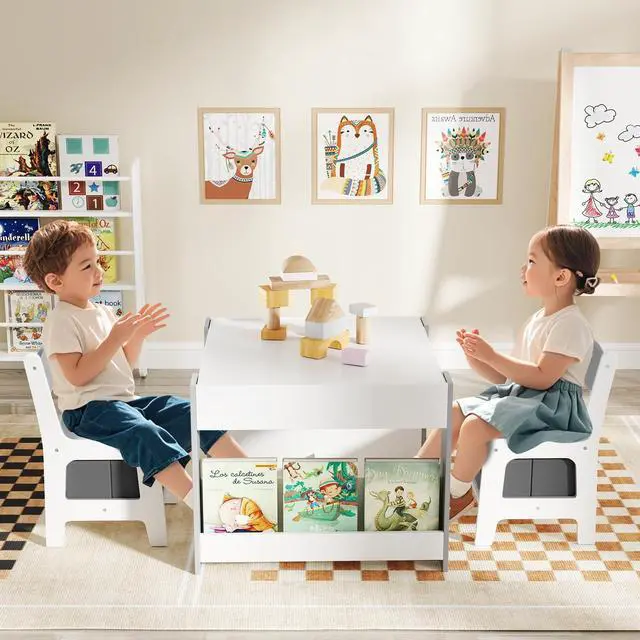 Alt view image 2 of 6 - Kids Table and Chairs, 4 in 1 Wooden Activity Table with Bookshelves, Storage Drawer, Reversible Tabletop & Chalkboard, Toddler Table and Chair Set for Drawing, Reading, Game, Crafts (Gray)