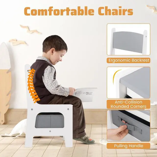 Alt view image 6 of 6 - Kids Table and Chairs, 4 in 1 Wooden Activity Table with Bookshelves, Storage Drawer, Reversible Tabletop & Chalkboard, Toddler Table and Chair Set for Drawing, Reading, Game, Crafts (Gray)