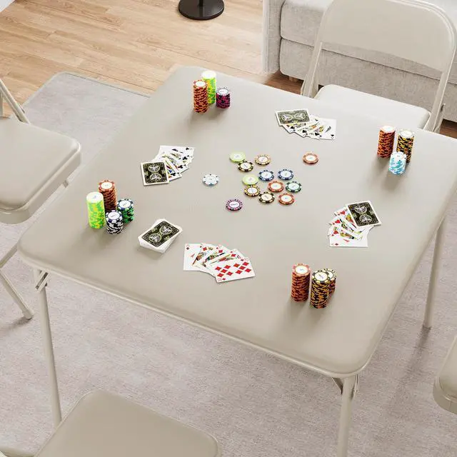 Alt view image 2 of 6 - Folding Portable Card Table and Foldable Chair Set of 5, Pu Upholstered Foldable Chairs and Table With Metal Frame, Folding Table and Chair Suitable for Dining Room, Living Room, Office, Camping-Beige